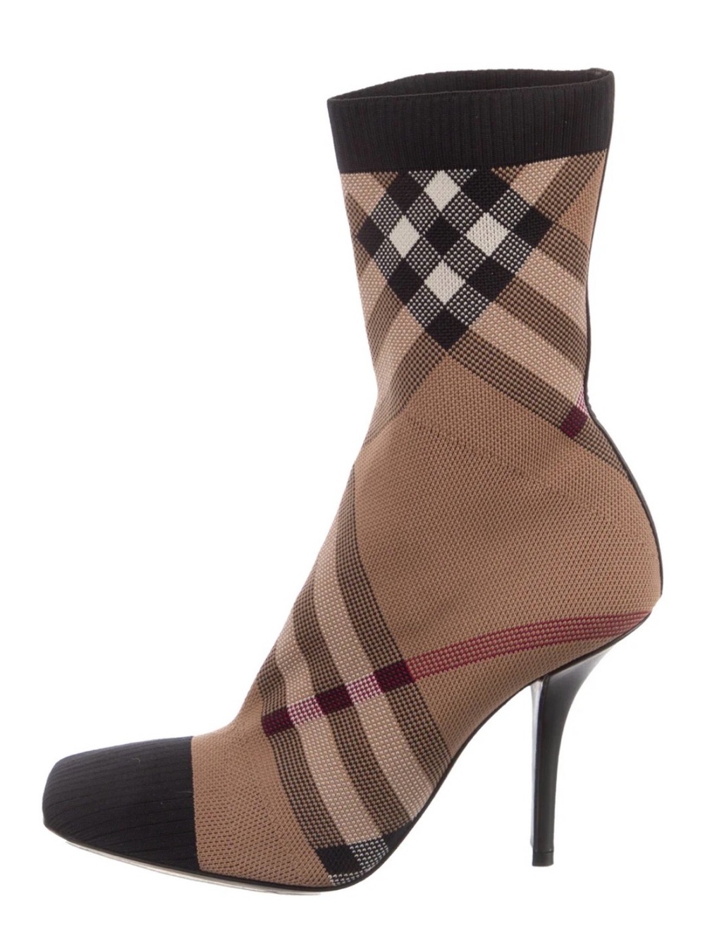 Burberry Tan Plaid Stretch Sock Bootie with Black Accents